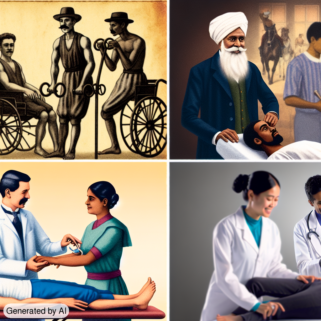 Depiction of white male physiotherapist from the 1900's using early physical therapy devices helping a black female patient. In the background, a Middle-Eastern male physiotherapist from the 1950's is treating a Hispanic female patient with manual therapy techniques. Lastly, in the foreground, a South Asian female physiotherapist from the 1980's is working with an Asian male patient, using modern rehabilitation equipment. Each scene captures the evolution of the profession, the diversity of the practitioners, and patients over time. - Generated by AI